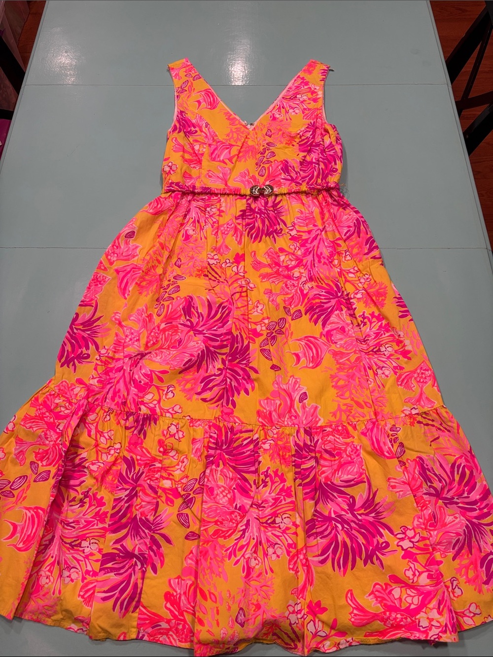 Lilly Pulitzer Pink & Yellow Bri V-Neck Midi Dress